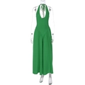 Detailansicht des grünen Neckholder-Jumpsuits mit rückenfreiem Design und weitem Bein - S / Dunkelgrün