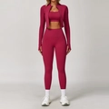 Three-piece yoga set in dark magenta featuring high-waist leggings and zip-up jacket - Long Sleeve + Bra + Pants Rose Red