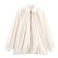 Women's cream white oversized puff bomber jacket with ruffled hem and zip-up front - S / Off White