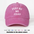 Detail view of pink vintage washed baseball cap with white PERO NO ME JODAS embroidery - Rose Red