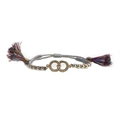 Macro detail of woven friendship bracelet with gold double rings and colorful tassels - Gold Double Ring + Gold Beads + Color Braided Rope + Tassel