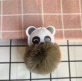 Close-up of cute panda keychain featuring PU leather head and brown faux fur pom pom ball - Army Green