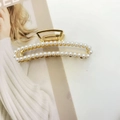 Elegant gold metal hair claw clip with white pearl oval frame for women hairstyles - Oval Pearl Style (F-003)