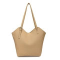 Large beige pebbled leather tote bag with V-shaped opening and adjustable shoulder strap - Khaki