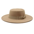 Elegant khaki wool felt boater hat with flat top and matching ribbon bow for men and women - M (56-58cm) / Khaki