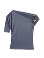 Detailed view of asymmetric grey-blue top with pleated fabric and gold ring accessory - Light Gray