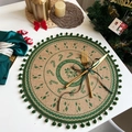 Round jute Christmas placemat with green pom-pom trim and festive candy cane prints - Style 4 Green (Pom-poms)