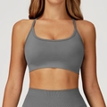 Grey seamless ribbed yoga set with thin strap sports bra and high waist leggings - M / Freedom Grey