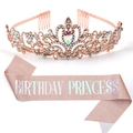 Birthday Princess set with rose gold rhinestone crown and pink fabric sash for girls - Rose Gold AB Rhinestone Set #2