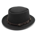 Chapeau pork pie classique en laine noire avec bande en cuir marron et boucle en métal - M (56-58cm) / Noir