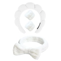 4-piece set including white plush spa headband and matching wristbands for face washing - White Series Set (1#) / Set of 4
