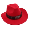 Detail of red felt cowboy hat featuring black leather band and bull head metal buckle - Red