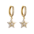 Gold hoop earrings with white enamel star pendants and sparkling clear gemstones - White