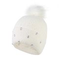 Close-up of a white knitted beanie with iridescent rhinestones and a faux fur pom-pom. - Adjustable / White