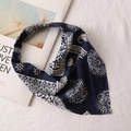 Detail of navy blue paisley chiffon headscarf with elastic band on white linen - 15# Triangular Hairband