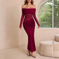 Elegantes schulterfreies langärmeliges enges burgunderrotes Maxikleid mit Seitenschlitz - M / Burgunderrot