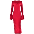 Detail of red satin dress featuring elegant ruffled trumpet sleeves and high waist design - L / Red
