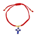 Red braided rope bracelet with blue enamel cross pendant in gold plating - Purple