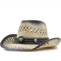 Women's western straw cowboy hat with turquoise bead and tassel trim for beach sun protection - M(56-58cm) / Beige With Black Gradient