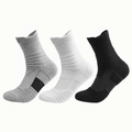 Men's thick mid-calf sports socks with cushioned soles in grey, white, and black colors - Crew Socks / Multicolor
