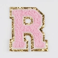 Pink chenille embroidery letter R patch with gold sequin border for DIY passport covers - Letter R