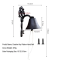 Vintage key-shaped cast iron wall bell with ornate patterns and dimensions shown - Key Style Hand Bell