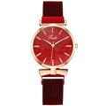 Women's quartz watch with burgundy leaf-pattern dial and magnetic Milanese strap - Red Dial Red Band