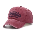Macro detail of distressed washed cotton baseball cap with blue letter embroidery - One Size (56-60cm Adjustable) / Dusty Pink/Wine Red (F)