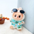 Labubu plush in daisy print shirt and sunglasses for the Sitting Party doll series - Sky Blue Beach Set / First And Second Generation Keychains Are Compatible With La Cloth Dolls. Dolls Not Included.