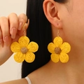 Handwoven yellow raffia flower earrings with brown center for summer beach vacations - Yellow Woven Flower Earrings (6746)