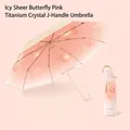 Pink gradient sun umbrella with butterfly print and golden curved handle - Ice Pink Butterfly Style with Sleeve