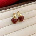 Minimalist heart earrings featuring gold hoops and deep red enamel heart-shaped pendants - 94# Earring - Gold - Red