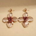 Detail of vintage gold flower earrings with brushed texture and deep red pistils - Flower Shape Silver Pin Earrings / Coffee