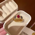 Retro s925 silver ring with golden bamboo texture, red gemstone and blue enamel detail - J4907-Vintage Gold Ruby Enamel