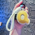 Letter Q cartoon leather keychain in lemon yellow and white with woven rope strap - Letter Q