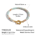 Macro view of a 17cm natural stone beaded bracelet with gold stainless steel spring clasp - Light Blue and Orange Texture (YYB025139)