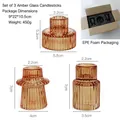 Set of 3 amber glass candle holders with vertical stripes and size measurements - Set of 3 Amber Glass Holders (EPE Packed)