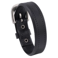 Punk rock style black leather wristband for men featuring a metallic buckle on white background - Black