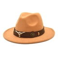 Detail of camel wool fedora hat featuring a brown leather band and bull head metal buckle - M (56-58cm) / Camel