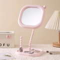 Elegant pink makeup mirror with pearl beaded stand and jewelry storage tray base - Pink