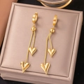 Elegant gold-plated stainless steel heart tassel earrings on a warm gift box background - Sharp Heart Tassel Dangle (G3069)