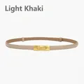 Adjustable light khaki genuine leather thin belt with elegant gold rectangular buckle - Light Khaki