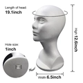 White foam mannequin head for wigs and hats with detailed size dimensions shown - Foam Mannequin Head (YCSM007) / OPP Bag Packaging / White