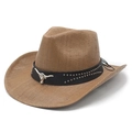 Western tan straw cowboy hat with black studded band and silver bull head ornament - M (56-58cm) / Khaki