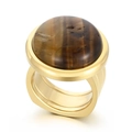 Übertriebener goldener Edelstahlring mit einer großen runden Einlage aus Tigerauge - US 6 / Goldener Tigerauge-Stil (KR107523-K)