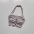 Sleeveless halter neck sports bra in lilac with gathered front and open back design - S / Light Purple