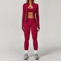 Set yoga 3 pezzi rosso scuro con giacca spazzolata, reggiseno sportivo e leggings a vita alta - Taglia S / Top E Pantaloni / Rosso Lampone