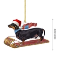 Dachshund in red Christmas hat on a wooden sled acrylic ornament for tree decoration - Sleigh Style