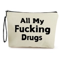 Bolsa organizadora de lona beige con estampado All My Fucking Drugs y correa negra - Estilo Eslogan All My Fucking Drugs