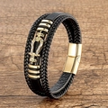 Pulsera trenzada de cuero negro con herradura de circonita y cierre magnético - 19cm / Dorado